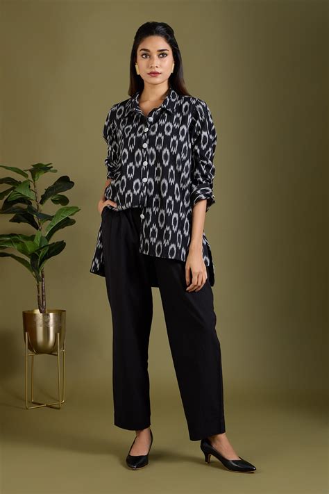 Front Hi Low Hem Tunic Shirt In Black Grey White Ikat by Maati Crafts ...
