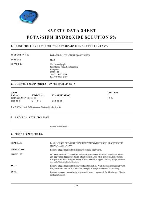 safety data sheet potassium hydroxide solution 5% - J.M.Loveridge plc