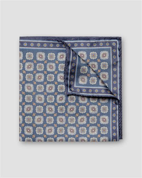 Navy Medallion Print Tussah Silk Pocket Square - Eton