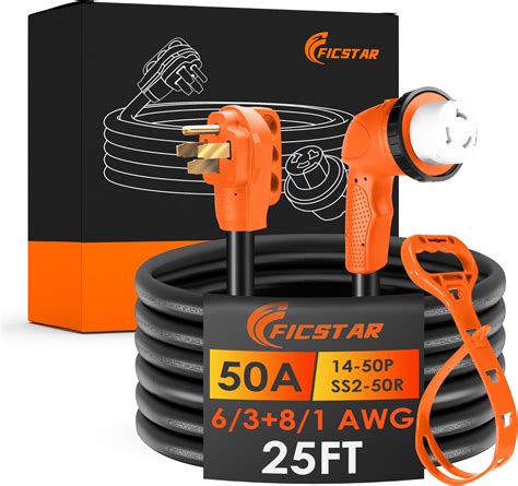 Amazon.com: Ficstar 50 Amp RV Extension Cord 25 ft, Heavy Duty 6/3+8/1 ...