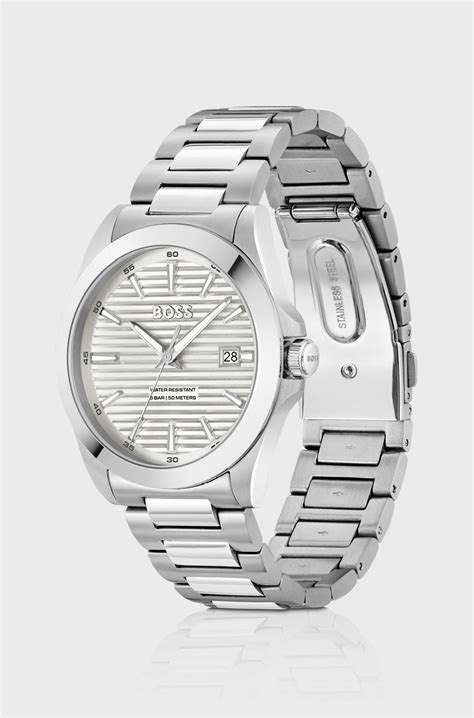 BOSS - Brushed-and-polished stainless-steel watch with grooved dial ...