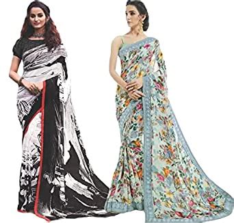 GoSriKi Women's Multicolor Georgette Printed Saree With Blouse Piece ...
