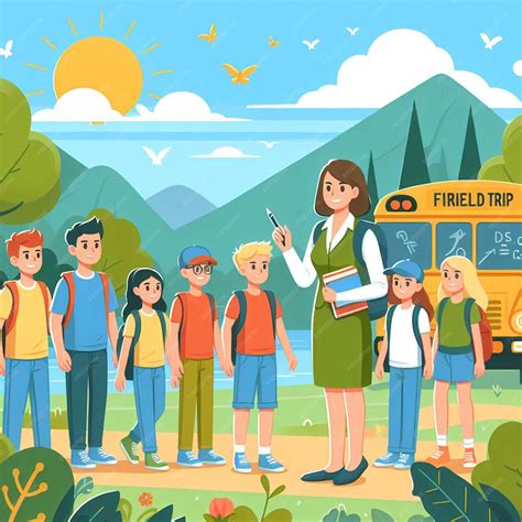 Premium Photo | Students doing field trip with teacher flat vector design