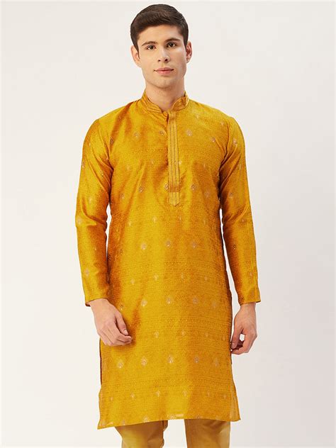 Jompers Men's Mustard Coller Embroidered Woven Design Kurta Only