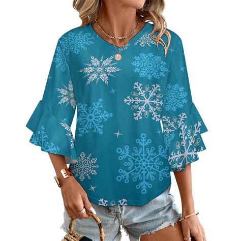Christmas Snowflakes Blue Women's V-Neck Blouse With 3/4 Ruffled Bell ...