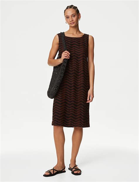 Buy Linen Rich Printed Round Neck Shift Dress at Marks & Spencer