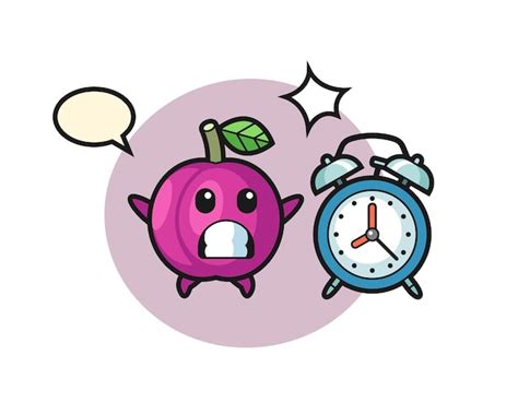 Cartoon Illustration der Pflaumenfrucht wird mit einem riesigen Wecker ...