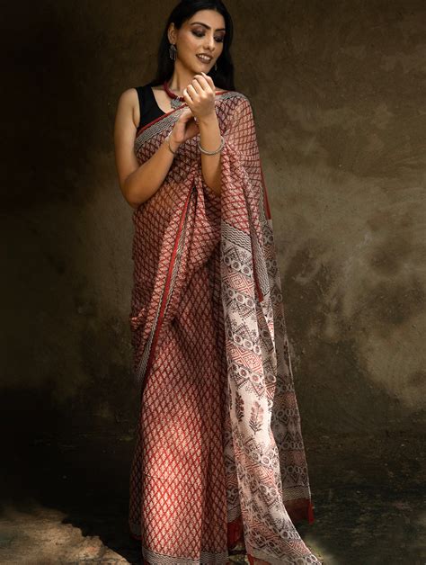 Buy Classic Appeal. Bagru Hand Block Printed Kota Doria Saree - Red ...