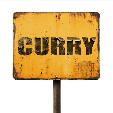 Curry written on rusted yellow road sign isolated on solid white ...