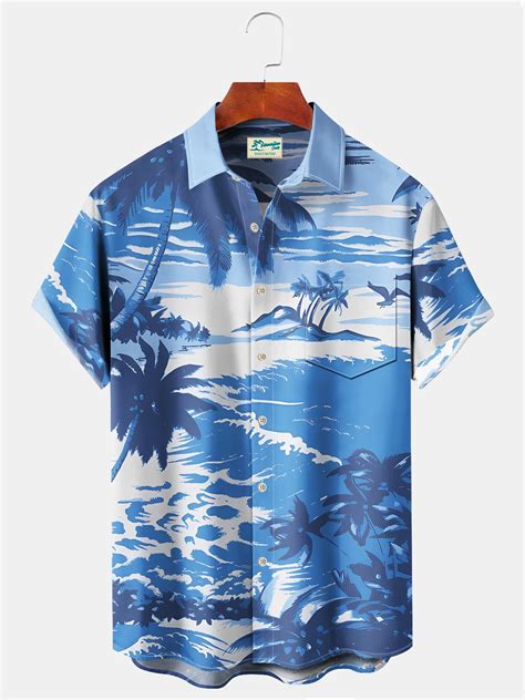 Royaura Beach Vacation Men's Blue Hawaiian Shirts Coconut Tree Stretch ...