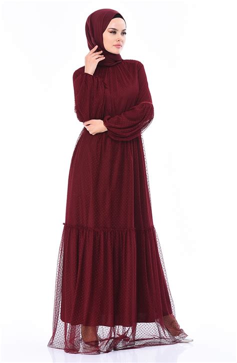 Claret Red Hijab Evening Dress 5013-01 | Sefamerve