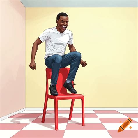 A black man is shown bouncing on a red chair in a room with a checkered ...
