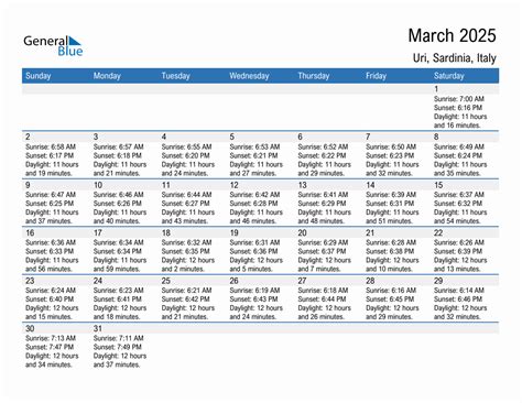 March 2025 Sunrise and Sunset Calendar for Uri (PDF, Excel, Word)