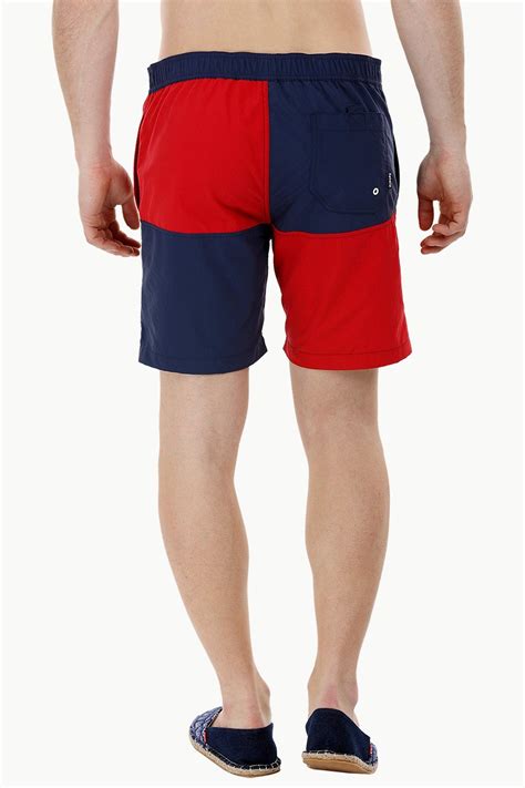 Online Swimming Shorts in Navy and Cherry Red Square Colorblock – Zobello