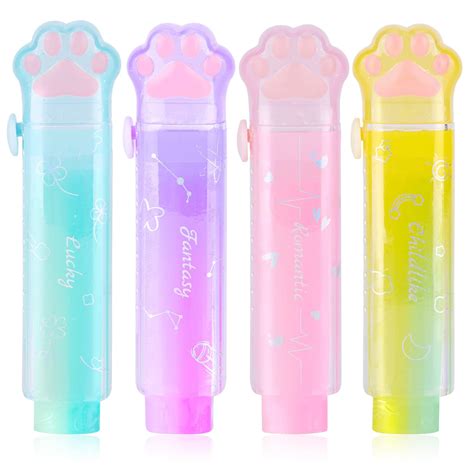4 Pices Cat Paw Erasers, Retractable Eraser for Kids Gradient Color ...