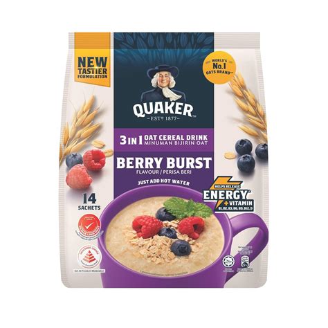 QUAKER 3-in-1 Oat Cereal Drink Berry Burst Flavour, 15 Sachets x 30g ...