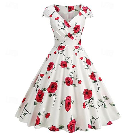 Retro Vintage 1950s Rockabilly Knee Length Wrap Dress Swing Dress Flare ...