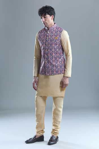 Buy Purple Cotton Embroidery, Sequins Floral Checkered Woven Nehru ...