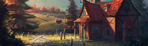 Download wallpaper road, field, forest, the sky, clouds, house, art ...