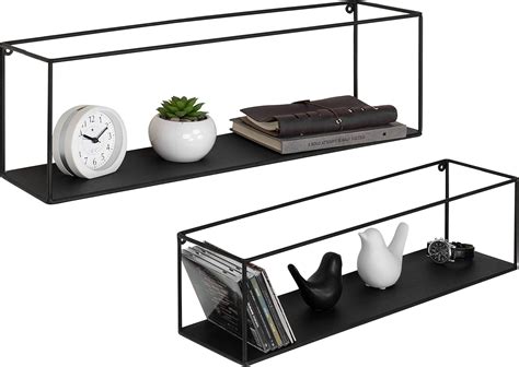 MyGift Black Floating Shelves for Wall, Decorative Rectangular Metal ...