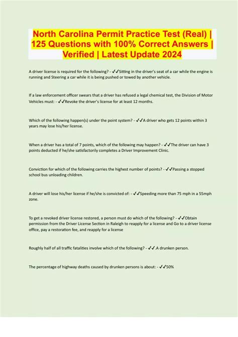 North Carolina Permit Practice Test (Real) | 125 Questions with 100% ...