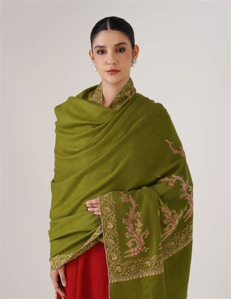 Kashmiri Handwoven Pashmina Sozni Paldaar Shawl – Mehendi Green ...