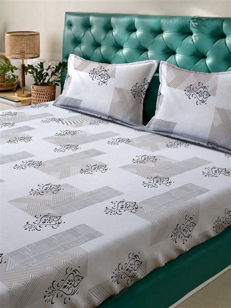 Grey Ethnic Motifs 300 TC Cotton Blend Double Bedsheet with 2 Pillow C ...