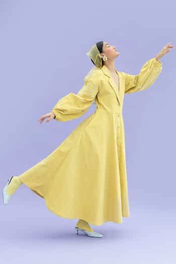 Buy Yellow Corduroy Embroidery Lapel Collar Dress For Women by Little ...