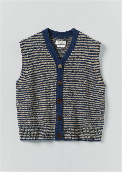 V-neck button tank crafted from Donegal merino wool with a stripe ...