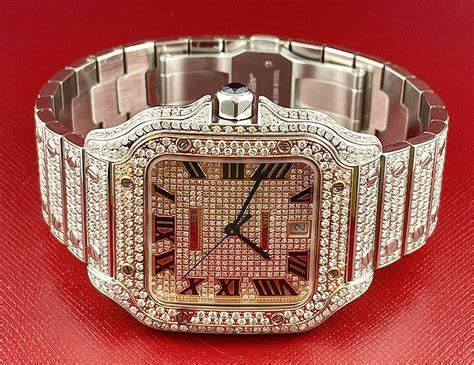 Cartier Santos Men's 40mm RoseGold Dial Steel Watch Roman Iced Out 12ct ...