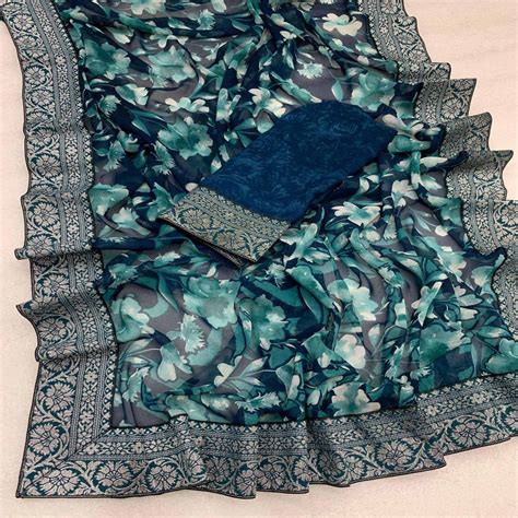 Teal Floral Printed Georgette Saree With Woven Border