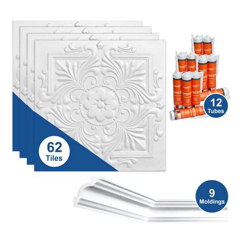R14 Foam Ceiling Tiles Bundle covers 12x12 ft Room with Moldings + Adhesive
