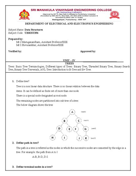 Unit IV - DS NOTES: Trees, Terminologies, and Applications (U20EST356 ...
