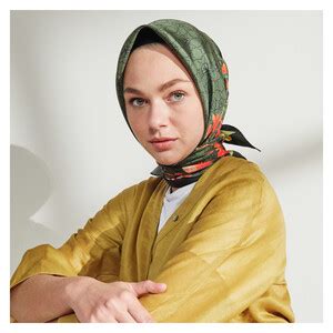 Green Pomegranate Flower Monogram Print Silk Twill Scarf | Ipekevi