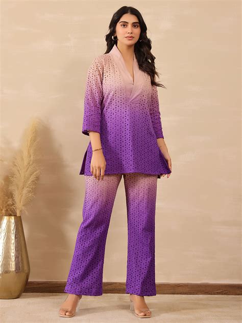 Lavender Ombre Dyed Schiffli Cotton Co-ord Set - Set of 2