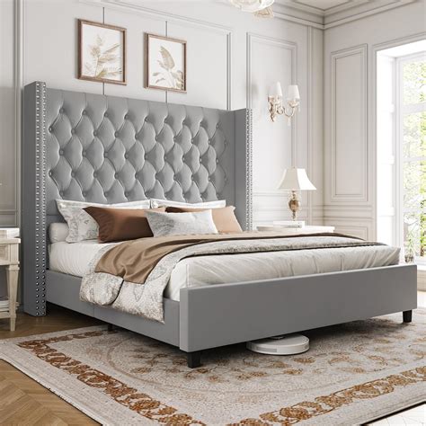 Amazon.com: PaPaJet Queen Bed Frame 61.4" Tall Headboard Upholstered ...