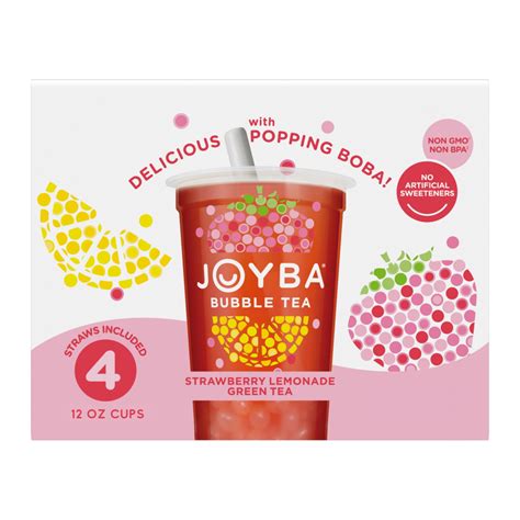 Joyba Strawberry Lemonade Green Tea Bubble Tea, 12 fl oz Cup (Pack of 4 ...