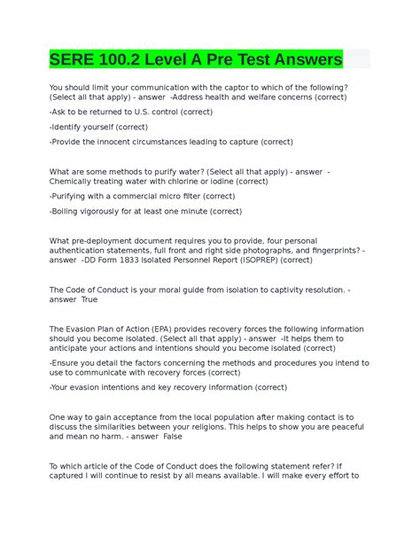 SERE 100.2 Level A Pre Test Answers 2024 | Exams Biology | Docsity