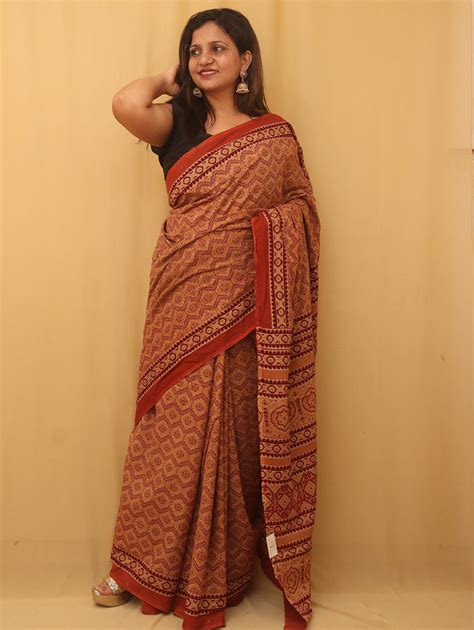 Multicolor Block Printed Ajrakh Work Cotton Saree – Luxurion World ...