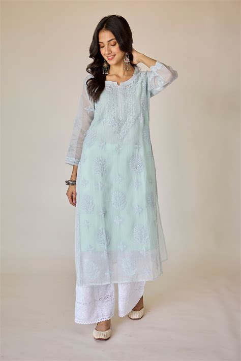 Dehra Blue Kota Hand Embroidered Chikankari Kurta with Slip