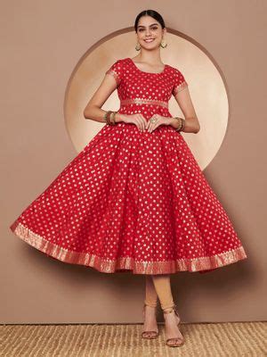 Buy Poshak Hub Women Red and Golden Chanderi Jaccard Flared Anarkali ...