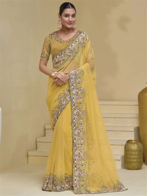 ⚡️Buy Amazing Yellow Color Moti Work Organza Haldi Wear Saree With ...