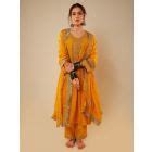 Mustard Yellow Embroidered Chanderi Kurta with Pants- Set of 2