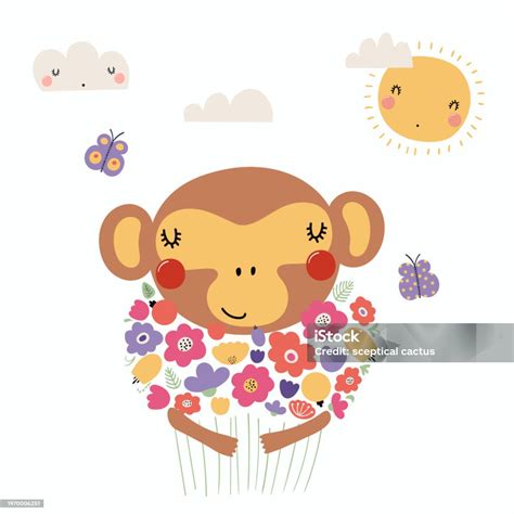 Cute Monkey With Flowers Stock Illustration - Download Image Now ...