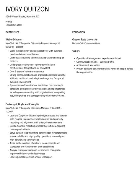 Corporate Citizenship Resume Samples | Velvet Jobs