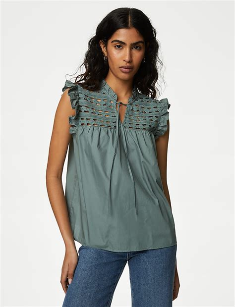 Buy Pure Cotton V-Neck Lace Insert Top at Marks & Spencer