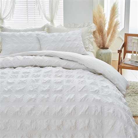 Qookiee White Seersucker Duvet Cover Set Textured White Duvet Cover 3 ...