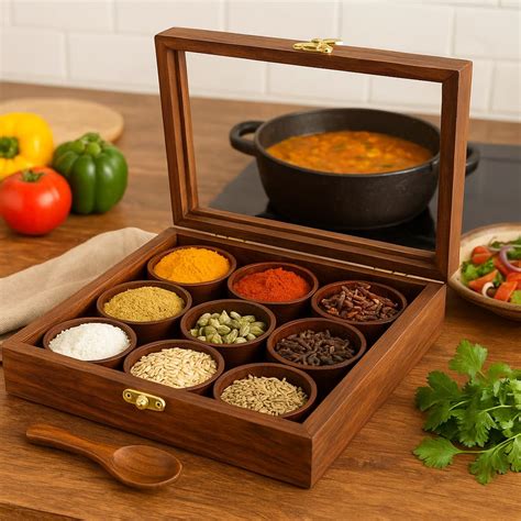 Buy WUDKART Masala Box Wooden Spice Container Set With Jars Kitchen ...