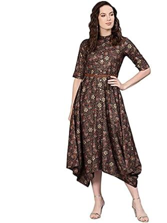 Buy Juniper Black Rayon Printed Asymmetric Dress with Belt at Amazon.in