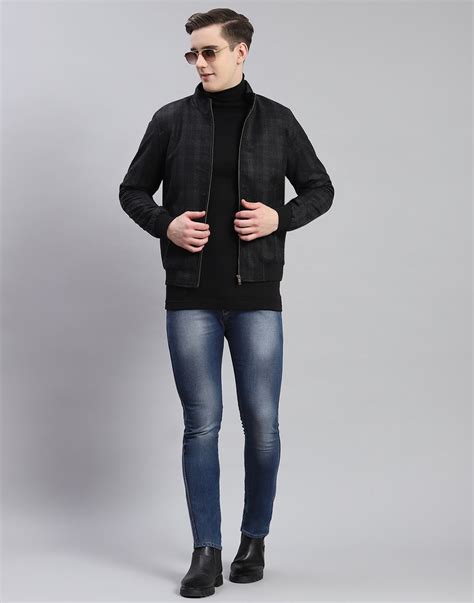 Buy Men Black Check Stand Collar Full Sleeve Coat Online in India ...